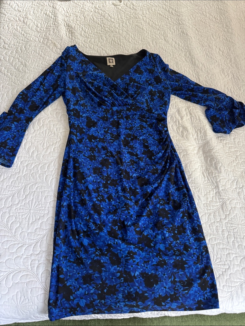 Anne Klein Royal Blue and Black Floral Wrap-Style Long Sleeve Dress
